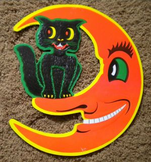 Vtg Halloween Decoration Cardboard Black Cat Crescent Moon Beistle