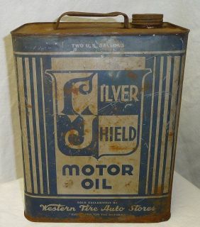 Antique Silver Shield Motor Oil Can 2 U. S. Gallons Western Tire Auto 