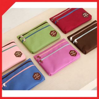 Useful 2 zipper pockets POUCH Pencil Case makeup cosmetic travel 
