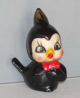 Vintage Japan Comical Baby Chick Chicken in Black Feathers and red bow 