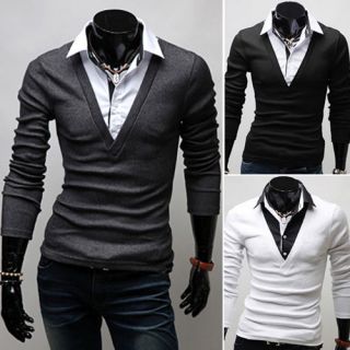 MT109 New Mens Luxury Casual Stylish Slim Fit Shirts V neck with 