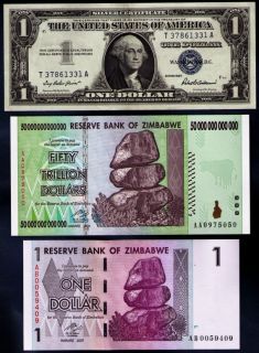 50 TRILLION & 1 ZIMBABWE DOLLARS + 1$US SILVER CERTIFICATE aUNC