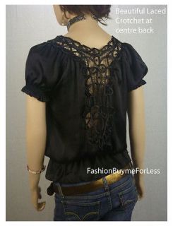 NWT Charlotte Russe Black Peasant Faux Silk Crochet Lace Blouse Top S 