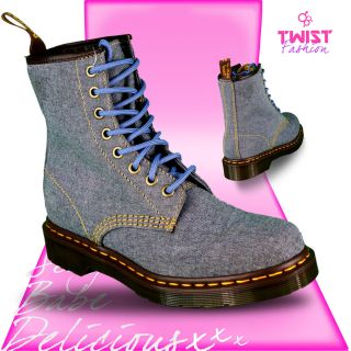 Dr Doc Martens Womens Ladies Blue Chambray Denim Boots High Lace Up 8 