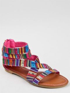 NEW BAMBOO Women Tribal Stripe Fabric Strappy Sandal Flat pink Fuschia 