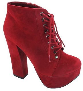 Womens Chunky Ankle Granny Boots Lace Up 5 High Heel Platform Red 