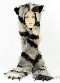 Faux Fur Chinchilla HOOD Striped Cat Pockets long arm HAT SNOWBOARD 