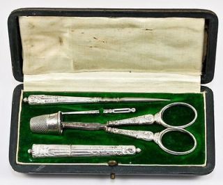 Antique French Silver Sewing Tools Set, Still in Original Etui, Box