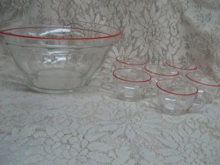 Vintage Duralex France Clear Glass W/Red Trim Punch Bowl & Cups Set