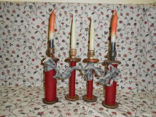 SET OF 4 LACE & QUILL WOOD BOBBIN CANDLE HOLDERS (#135)
