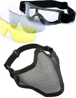  Protection Steel Face Mask + X800 3 Lens Goggles Airsoft Paintball Set