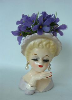Vtg INARCO Lady Head Vase Hat Eyelashes Earrings Purple Lavender 1963 