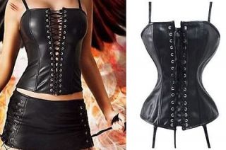 Sexy Faux Leather Brocade Corset Satin Lace Up Bustier Corselet + G 