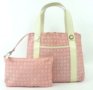   BVLGARI PINK FABRIC CANVAS TOTE HAND BAG PURSE w/POUCH MADE IN ITALY