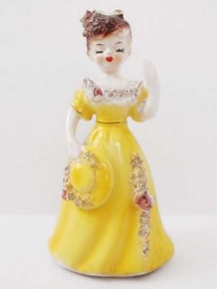 Vintage Spaghetti Trim Figurine Girl Lady in Yellow Gown Dress & Hat 
