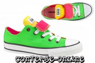 Girls Boys CONVERSE All Star NEON GREEN/PINK DOUBLE TONGUE OX Trainers 
