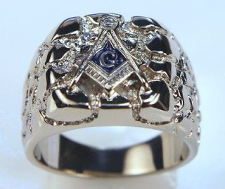 Masonic Mens Unique Nugget Ring 18K White Gold Overlay size 9