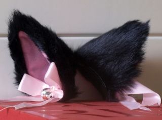   Cosplay Costume LONG HAIR Cat Ears with Bell 10cm Hair Clip PAIR Black