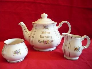 Vintage SADLER Silver 25th Wedding Anniversary TEASET Teapot Creamer 