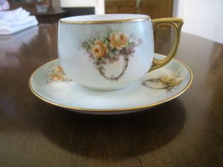  Porcelain Tea Cup & Saucer Ca 1911 1921 Hd Painted Yellow Roses Gold