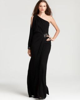 DAVID MEISTER $668 Black Embellished One Shoulder Evening Gown NEW