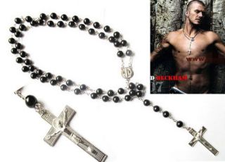 Mens beckham rosary necklace black bead cross pendant