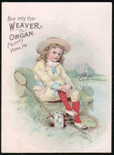 Weaver Organ & Piano Co Child Fishing Net Vintage Victorian Trade Card 