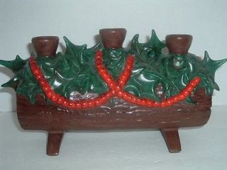 Vtg Ceramic YULE LOG Xmas Fireplace Decoration Holly Berries TAPER 