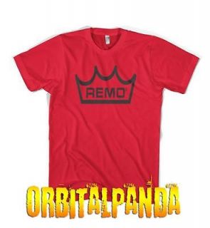 Red T Shirt with Black REMO DRUM logo   skins kit sticks toms