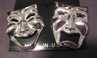   Masks Theater Drama   Silver Chrome EARRINGS or Pins sad / happy