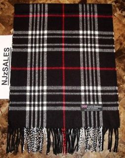 100% CASHMERE Scarf Black White Red Check Plaid Made in SCOTLAND WOOL 