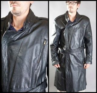80s Vtg NuWave Black Leather Trench Coat Jacket w/ Zippers sz 42 L 