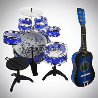 Kids Blue 11pcs Drum Set & Acoustic Guitar Combo Toy Play Set Musical 