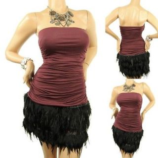 Sexy Feather Decor Ruched Dress Burgundy Small