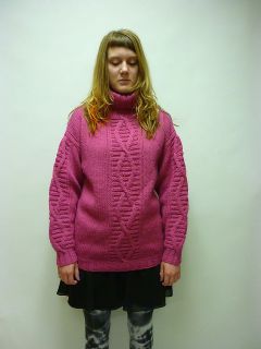 1980s Hand Knit Tunic Turtleneck Wool Sweater Fuchsia Pink OVERSIZED 