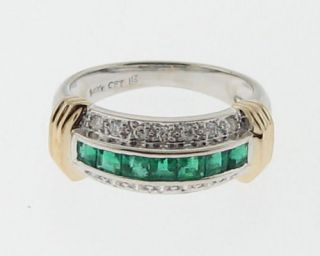 Natural Emeralds Diamonds Solid 14k Two Tone Gold Band