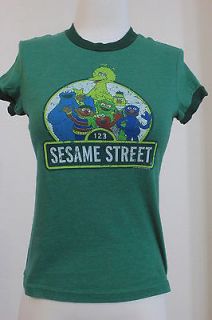   Juniors MEDIUM Sesame Street Green SS Ringer T shirt Big Bird Elmo
