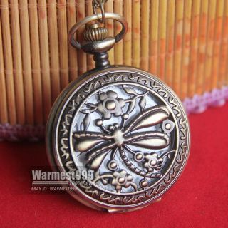 Antique Dragonfly Flower Pocket Watch Pendant Necklace Gift 