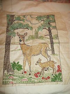   Vintage Hand Embroidered Deer Wilderness Scene Pillow Cover Panel