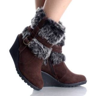 Brown Wedge Boots Snow Winter Fur Furry Mukluk Cute Womens High Heels 