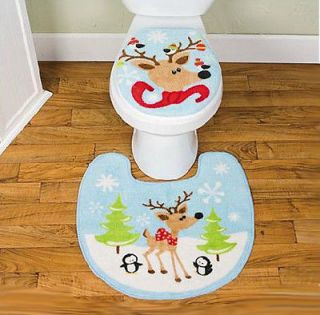 Reindeer Christmas TOILET Seat Cover RUG mat bathroom SET 2