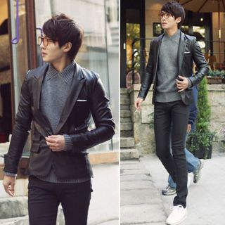 Mens Casual Slim fit One Button PU Leather Suit Blazer Coat Jacket 