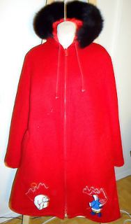 Vtg~CANADIAN~RED~PARKA~Wool & Fur~~Embroidered~WOMENS M~12~HOOD~ESKIMO 