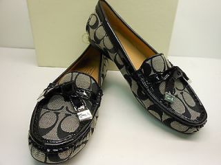NEW COACH FRIDA BLACK AND WHITE SIGNATURE FABRIC LOAFERS WITH BLACK 