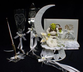 SHREK & FIONA Wedding Cake Topper LOT Glasses Knife Server set Guest 