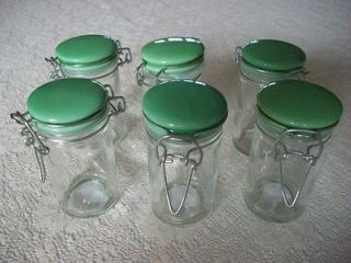 Lot 6 Glass Spice Jars Jadite Green Ceramic Lids Metal Lift Clasps 
