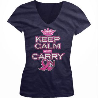 Keep Calm And Carry On Junior Girls V neck T shirt Breast Cancer 