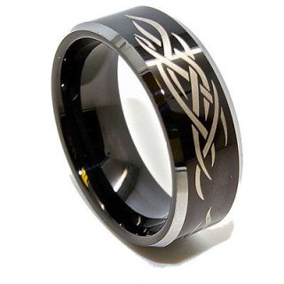   Black Plated Laser Etched Tribal Flame Design Tungsten Ring Sizes 5 16