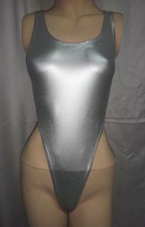 New Shiny Metallic Silver Sportsback Thong Leotard for Women size 14 