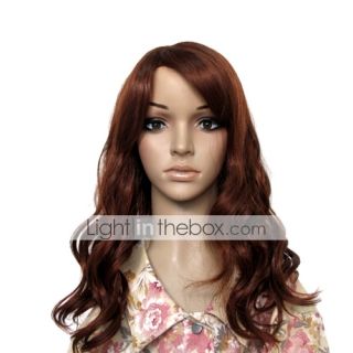 Long curls hair wig with long side swept bangs. Color Shown: Red Wine 